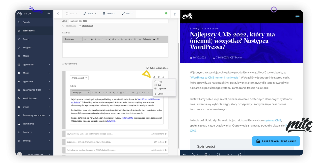 CMS Sulu kopiowanie bloków