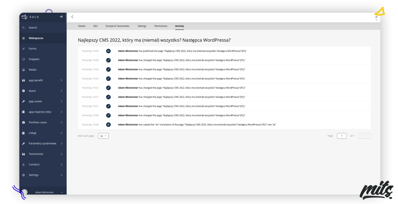 Dziennik aktywności CMS Sulu